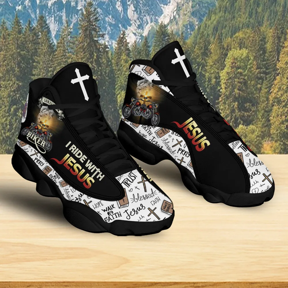 Teesdily | Christian Biker I Ride With Jesus Basketball Shoes, Walk By Faith Running Shoes, Jesus Faith Pray Cross Motorcycle Shoe