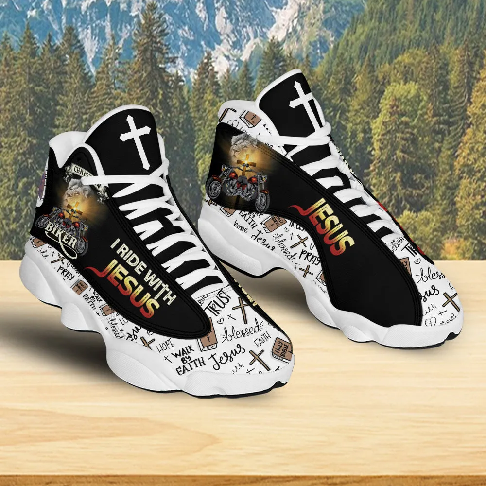 Teesdily | Christian Biker I Ride With Jesus Basketball Shoes, Walk By Faith Running Shoes, Jesus Faith Pray Cross Motorcycle Shoe