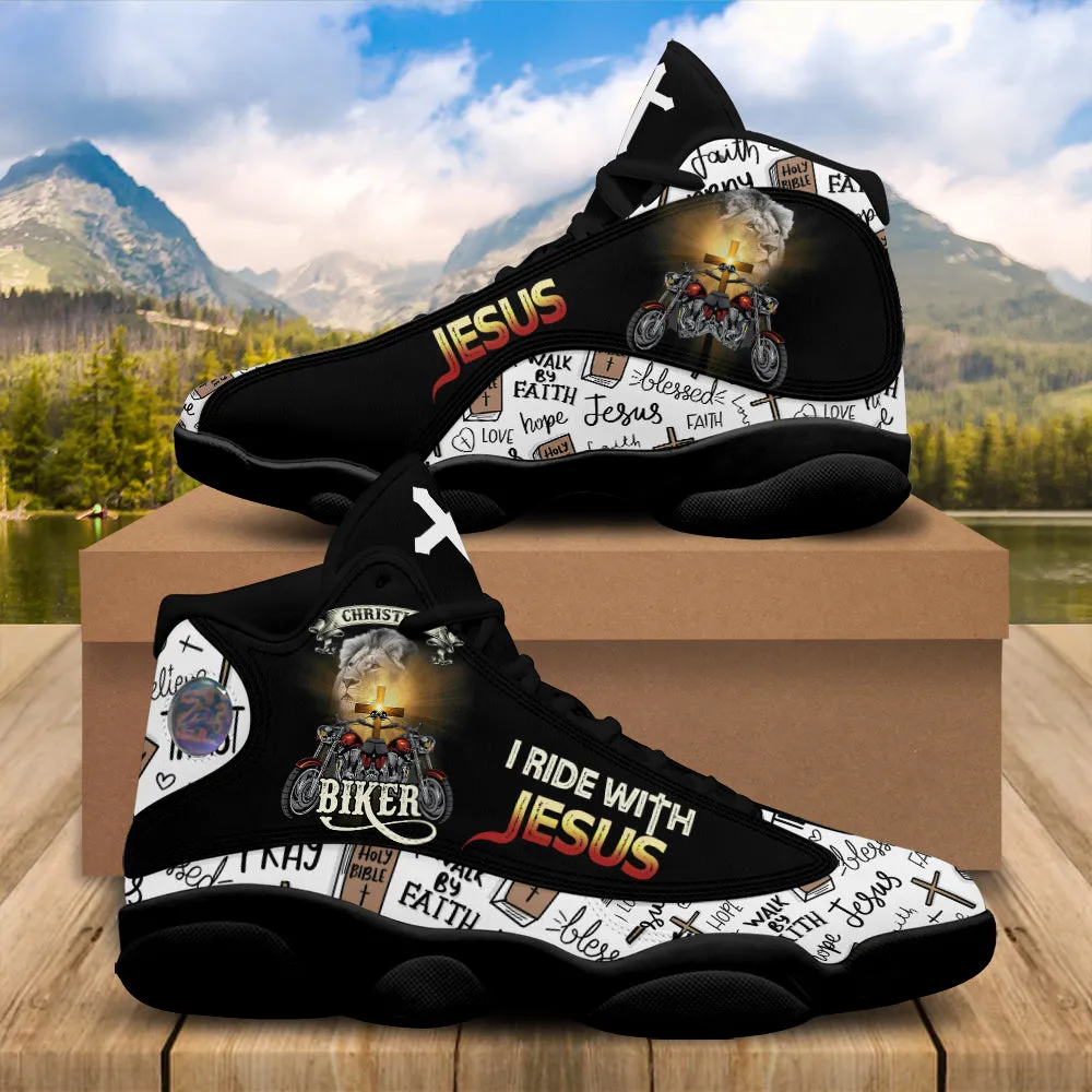 Teesdily | Christian Biker I Ride With Jesus Basketball Shoes, Walk By Faith Running Shoes, Jesus Faith Pray Cross Motorcycle Shoe