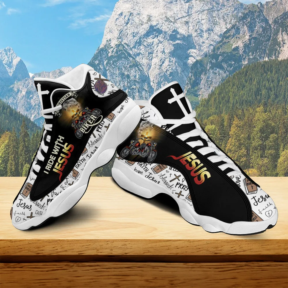 Teesdily | Christian Biker I Ride With Jesus Basketball Shoes, Walk By Faith Running Shoes, Jesus Faith Pray Cross Motorcycle Shoe