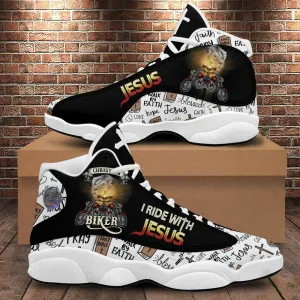 Teesdily | Christian Biker I Ride With Jesus Basketball Shoes, Walk By Faith Running Shoes, Jesus Faith Pray Cross Motorcycle Shoe