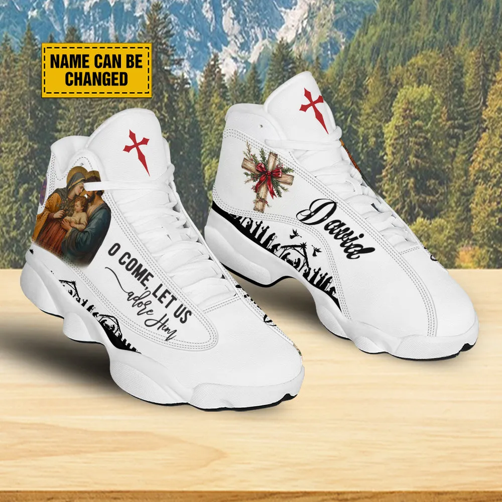 Teesdily | Customized Holy Family Prayer Basketball Shoes, O Come Let Us Adore Him Running Shoes, Christmas Religious Gift Family