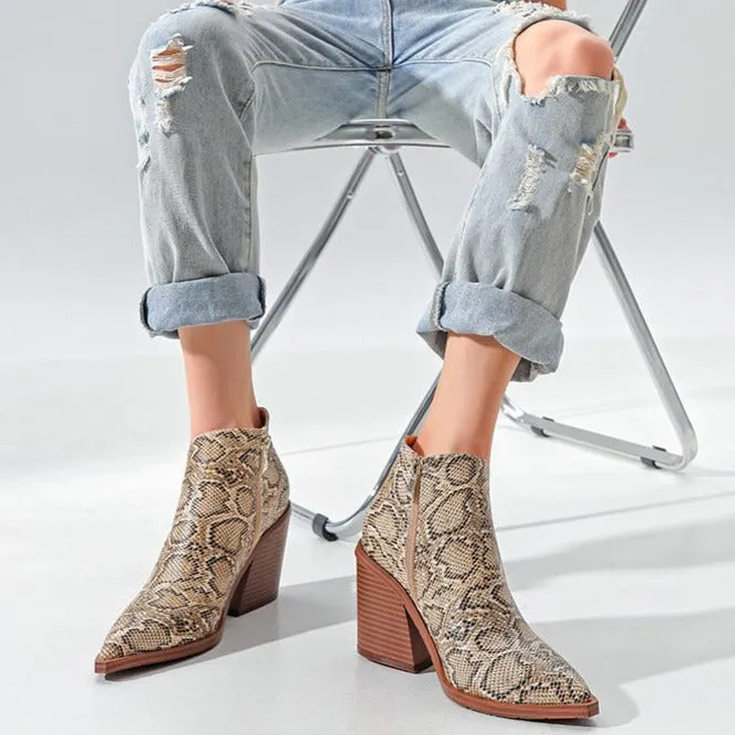 Thick Heeled Pointed Toe Snake Print Leather Boots