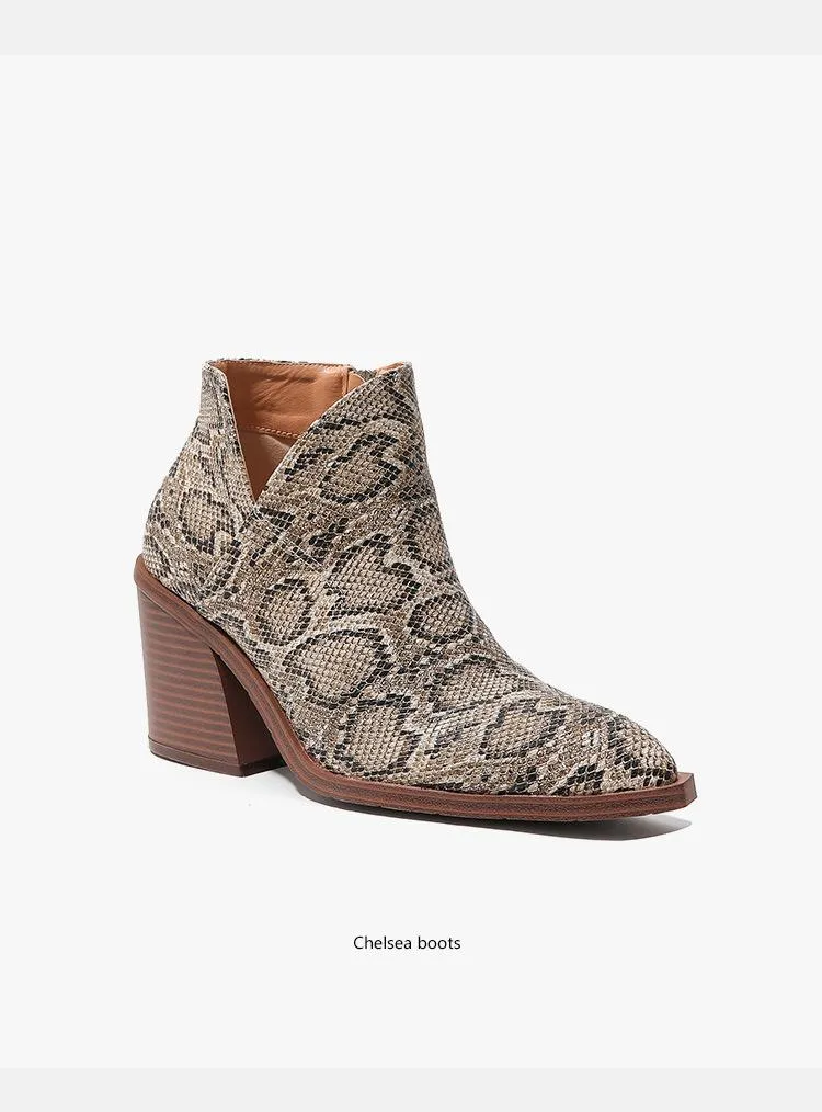 Thick Heeled Pointed Toe Snake Print Leather Boots