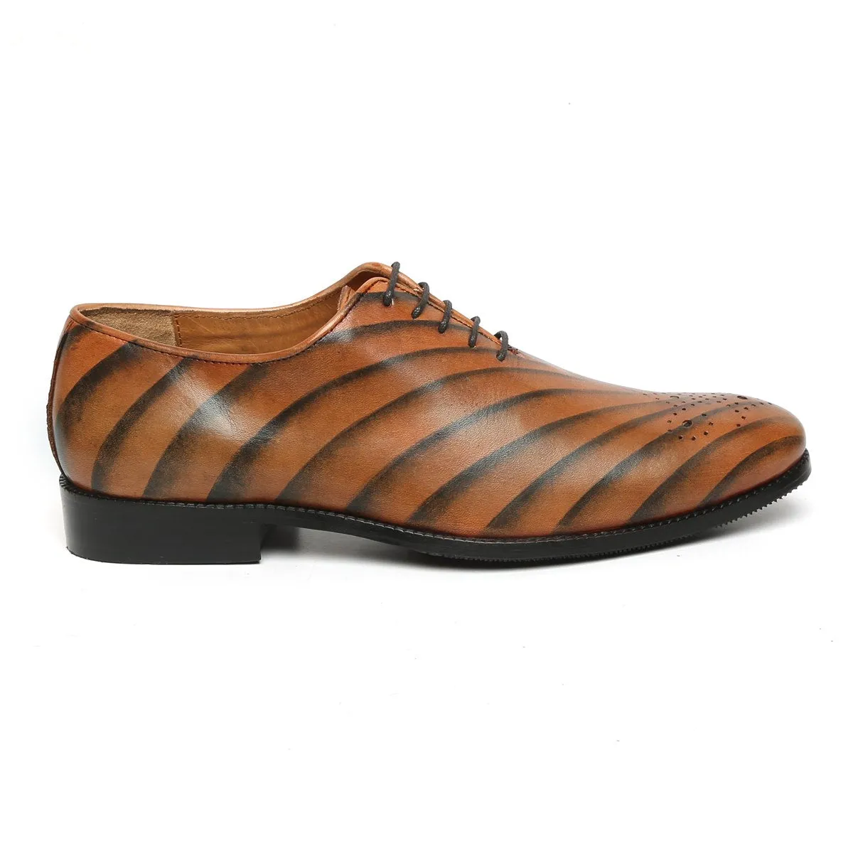 Tiger Print Tan Single Piece Leather Oxford Lace-Up Formal Shoe