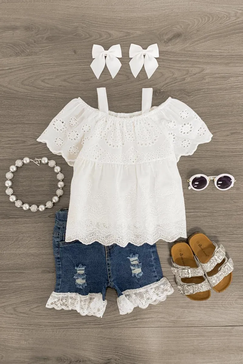 White Lace Distressed Denim Short Set