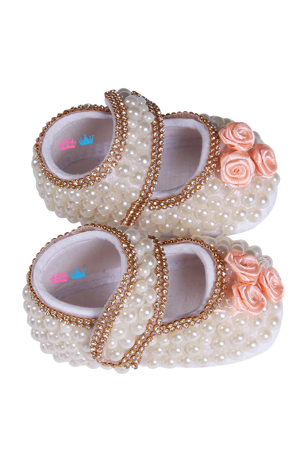 White Pearl, Peach Flower With Chain Border Shoes