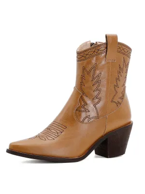 Women's Chunky Heel Pointed Toe Embroidered Leather Boho Boots