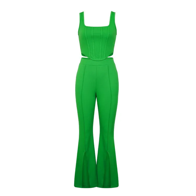 Women's Umbilical Slim Fit Jumpsuits Crop Top Split Pants Set | Brodtica.com