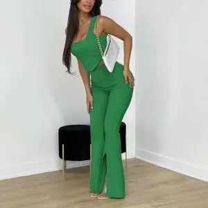 Women's Umbilical Slim Fit Jumpsuits Crop Top Split Pants Set | Brodtica.com