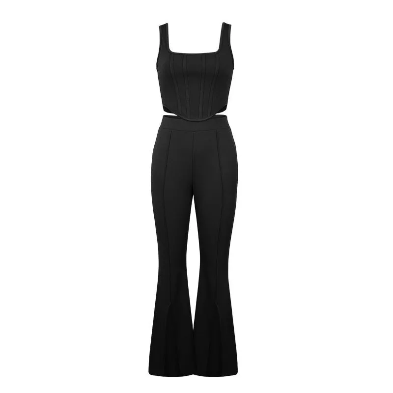 Women's Umbilical Slim Fit Jumpsuits Crop Top Split Pants Set | Brodtica.com