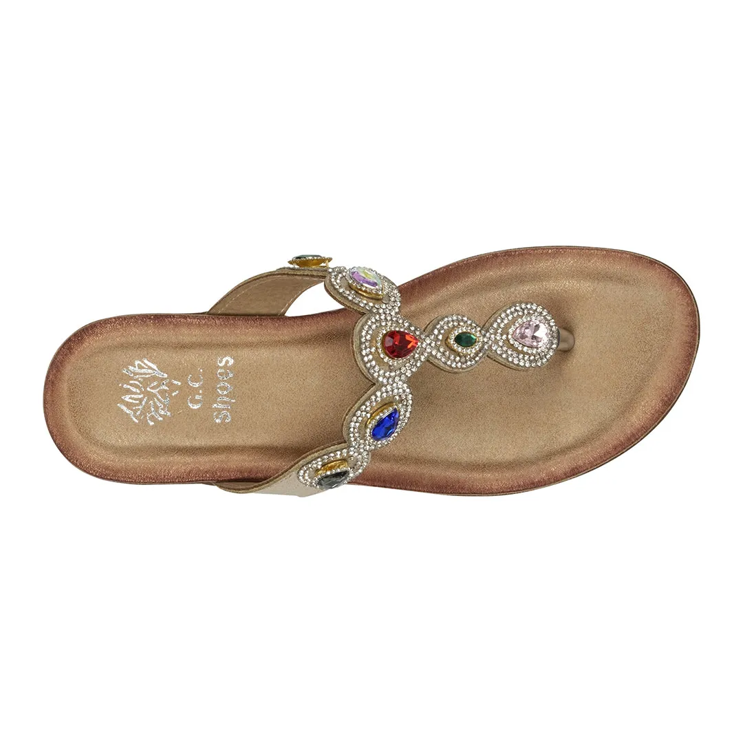 Zara Gold Jeweled T-Strap Thong Flat Sandals