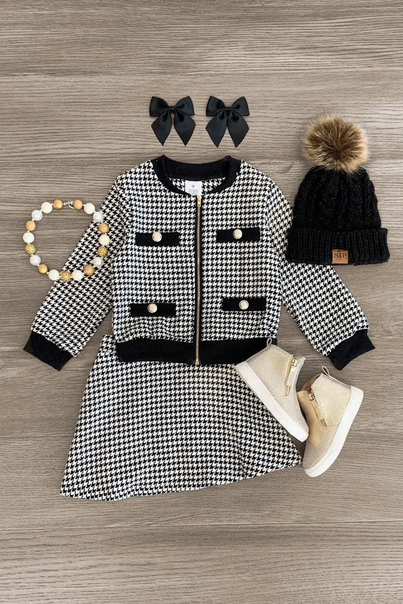 Zip Up Houndstooth Skirt Set