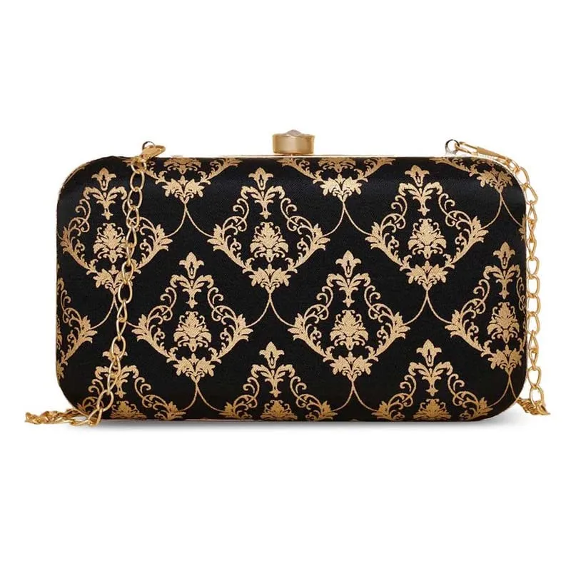 ZOUK Agra Crest Motif Printed Women's Jute Handcrafted Black Clutch