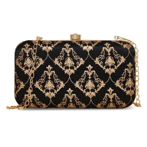 ZOUK Agra Crest Motif Printed Women's Jute Handcrafted Black Clutch